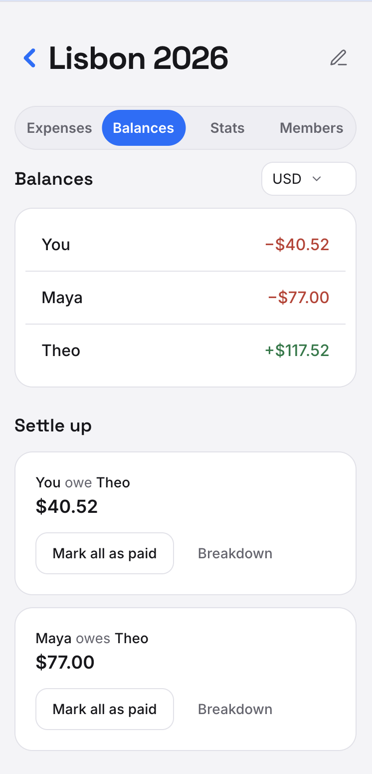 Tripz Expenses balances screen on a phone